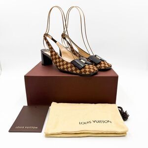 Louis Vuitton LV Damier Ebene Checked Calf Hair Bow Square Toe Slingback Pump